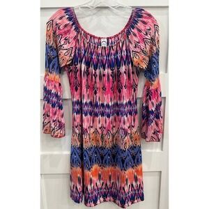 2B Together Pink Blue Ikat Print Bell Sleeve Mini Dress Small Boho OHIO-317